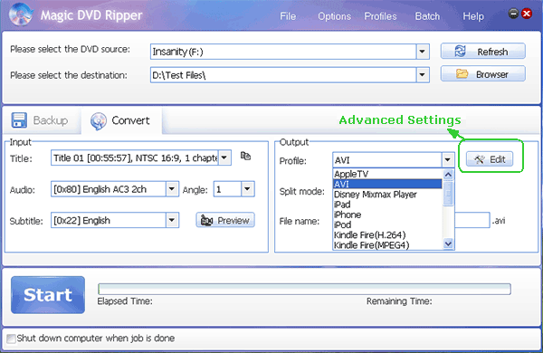 Set advanced settings for ripping Insanity DVDs