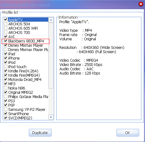 rip DVD to Blackberry --- select from more profiles