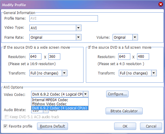 Choose DivX codec