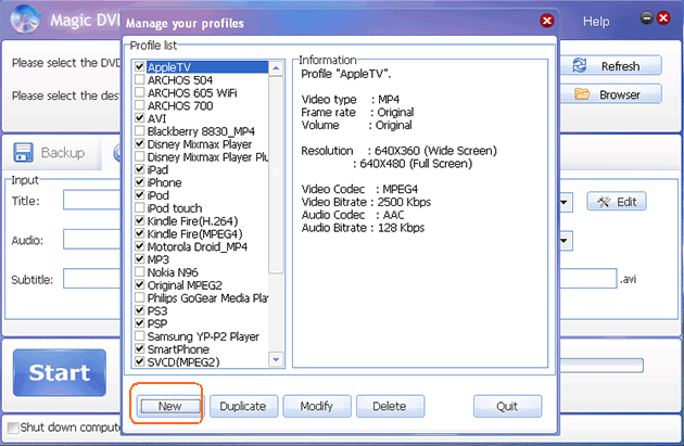 the profile list in the manage window