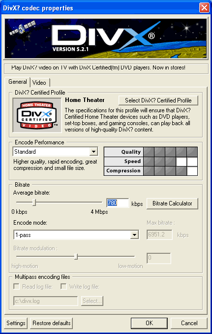 Adjust the parameters of DivX codec