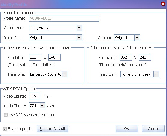 modify profile --- VCD nonstandard resolution 