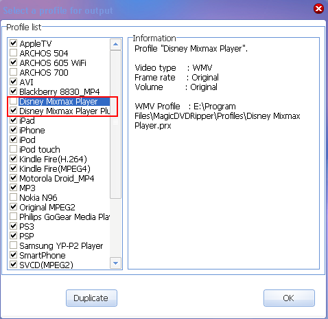 rip DVD to Disney Mix Max Player --- add and select profile