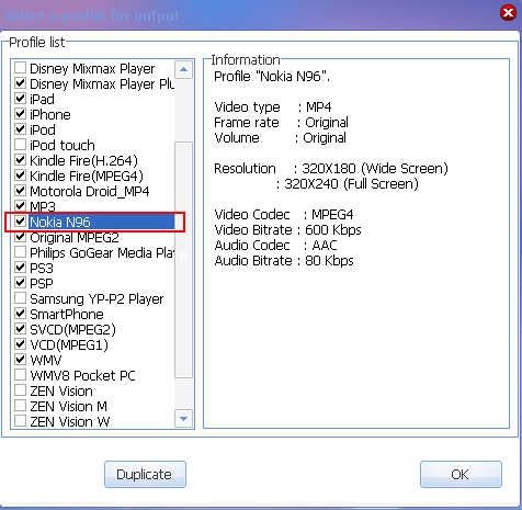 rip DVD to Nokia N96 --- select profile