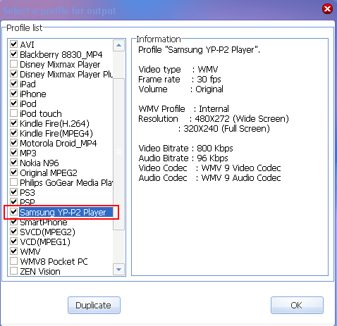 rip DVD to Samsung YP-P2 Player --- select profile