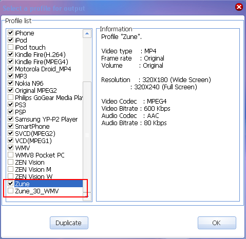 rip DVD to Zune --- select and add the profile