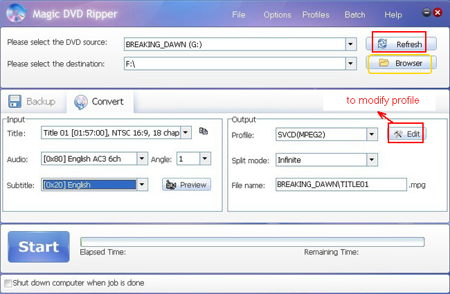 rip protected DVD to SVCD --- main window