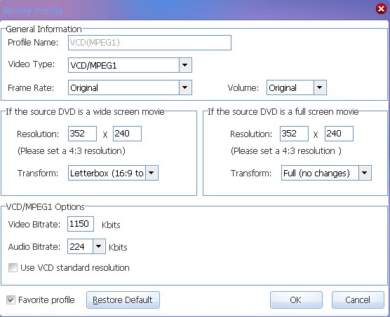 modify profile --- VCD nonstandard resolution 